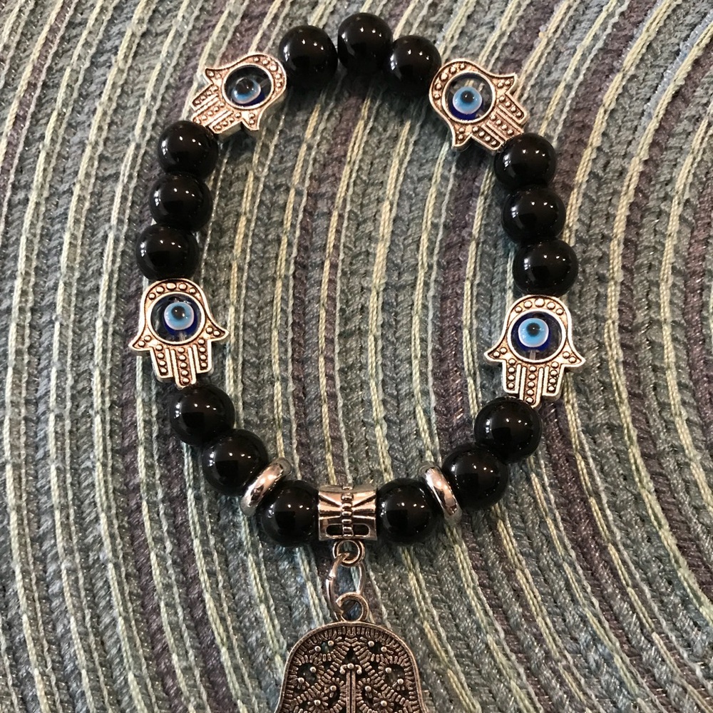 Hamsa Hand, black beaded bracelet